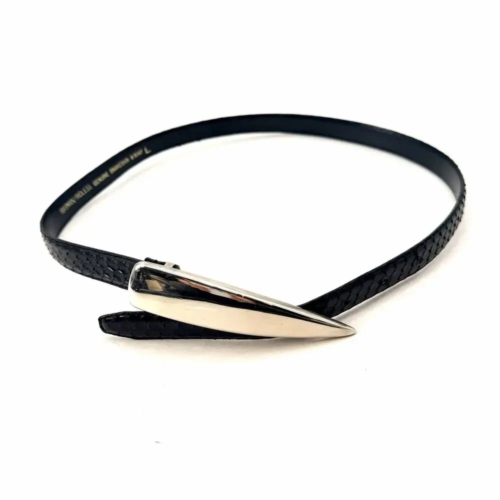 Vintage Rayman Ridless Black Snakeskin & Metal Detail Hook Belt Womens Large